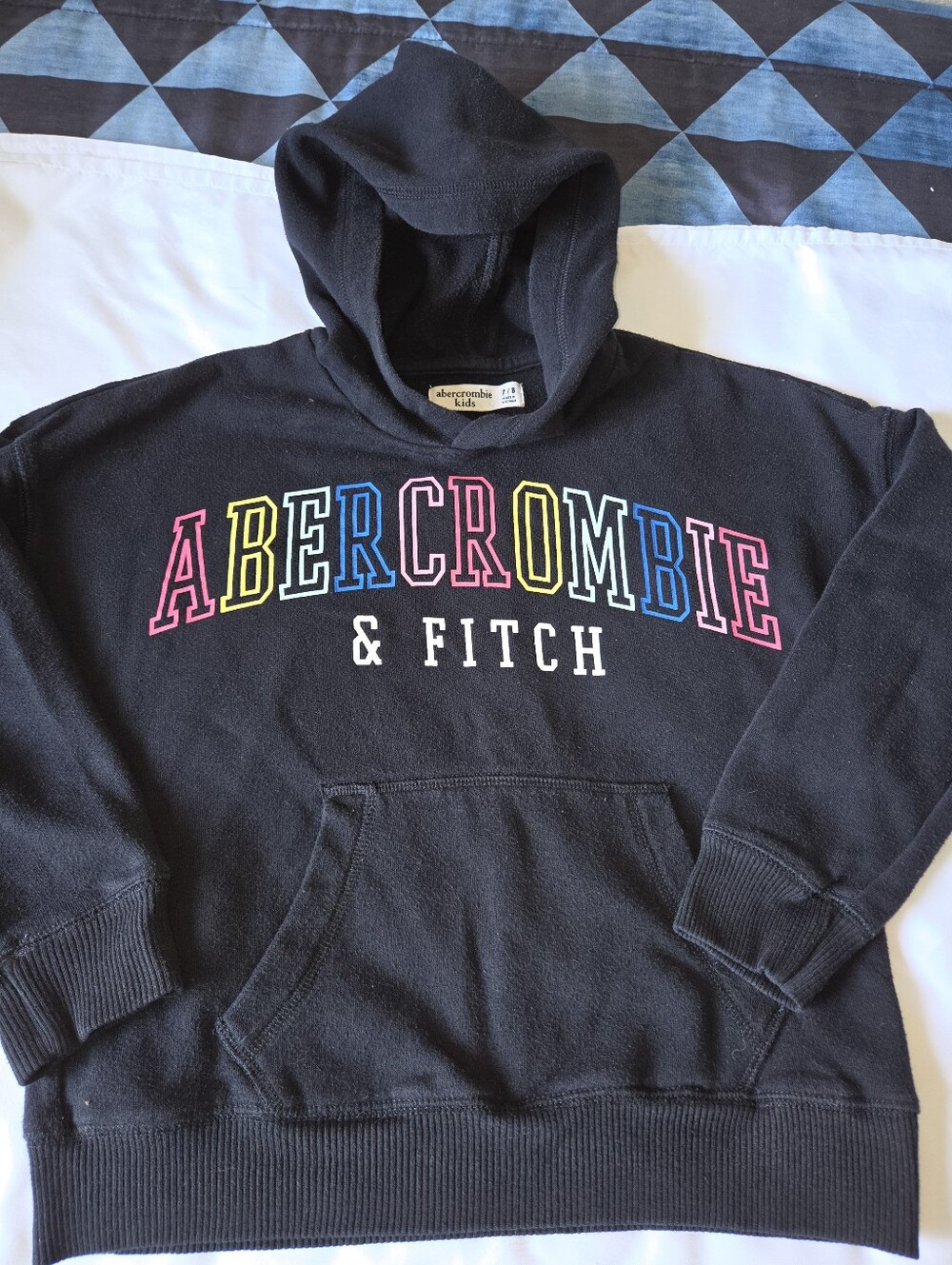 Abercrombie & Fitch Black Crewneck Hoodie with Multicolor Lettering. 7/8